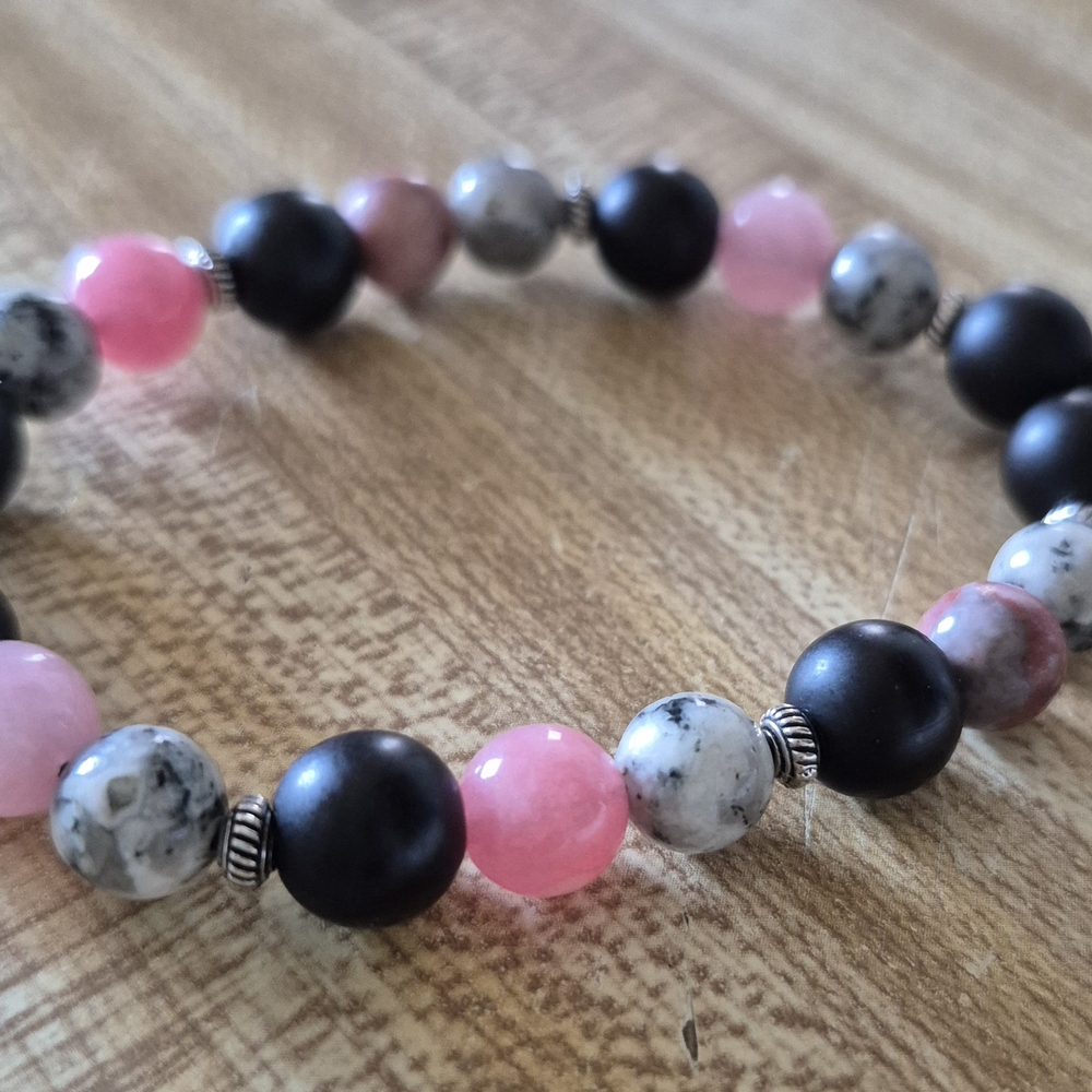 Handmade Peace Braclet With Strawberry Quartz,Mala, and Dalmation Jasper! - Picture 3 of 6